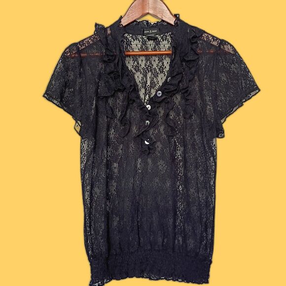 Sam Max Witchy Black Lace Blouse V Neck Henley Stretch Ruffle Goth Dark Y2K L - Picture 1 of 6
